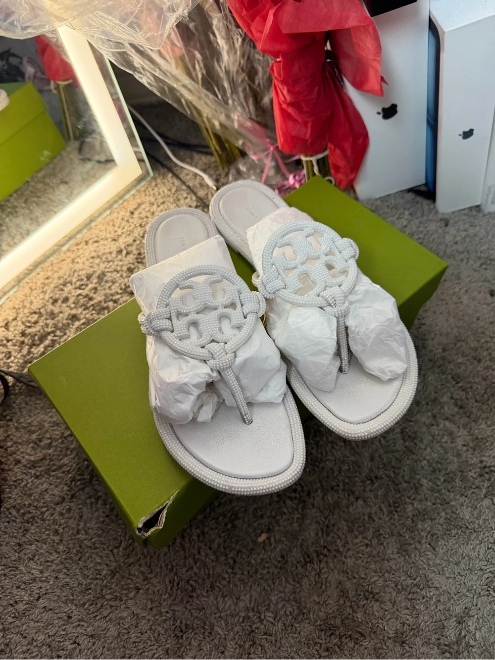 Tory Burch White Braided Logo Thong Sandals